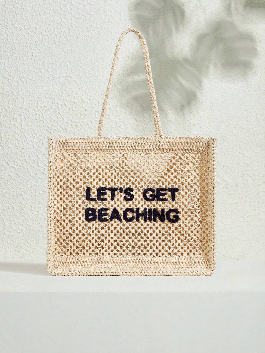 SHECARRY Women's Summer Fashionable Crocheted Tote Bag With Letter Design, Suitable For Vacation And Travel