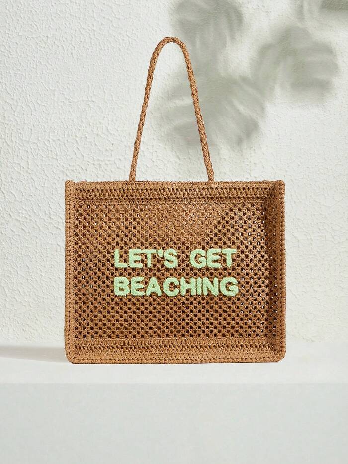 SHECARRY Women's Summer Fashionable Crocheted Tote Bag With Letter Design