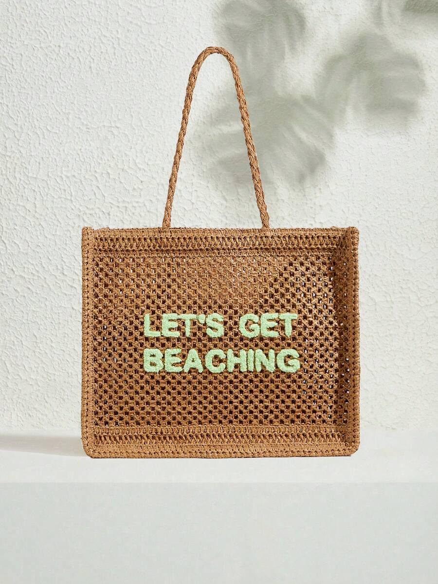 SHECARRY Women's Summer Fashionable Crocheted Tote Bag With Letter Design, Suitable For Vacation, Casual And Daily Shopping, Perfect For Beach Vacation, Travel, And Vacation Essentials,Holiday