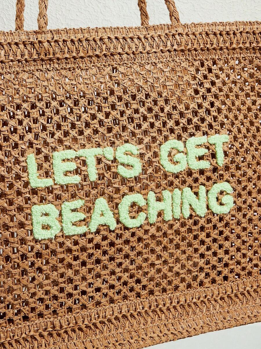 SHECARRY Women's Summer Fashionable Crocheted Tote Bag With Letter Design, Suitable For Vacation, Casual And Daily Shopping, Perfect For Beach Vacation, Travel, And Vacation Essentials,Holiday