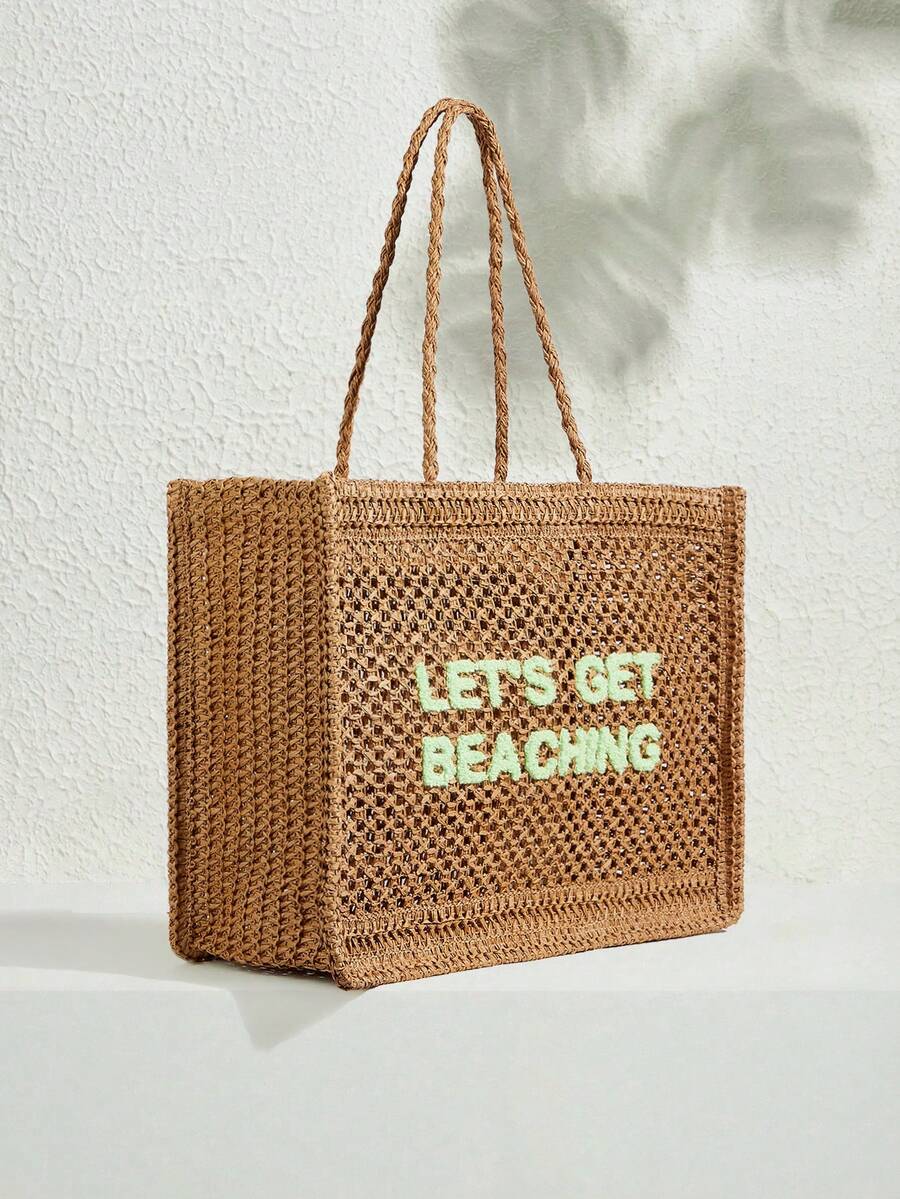 SHECARRY Women's Summer Fashionable Crocheted Tote Bag With Letter Design, Suitable For Vacation, Casual And Daily Shopping, Perfect For Beach Vacation, Travel, And Vacation Essentials,Holiday