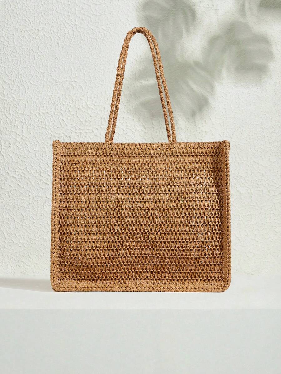 SHECARRY Women's Summer Fashionable Crocheted Tote Bag With Letter Design, Suitable For Vacation, Casual And Daily Shopping, Perfect For Beach Vacation, Travel, And Vacation Essentials,Holiday