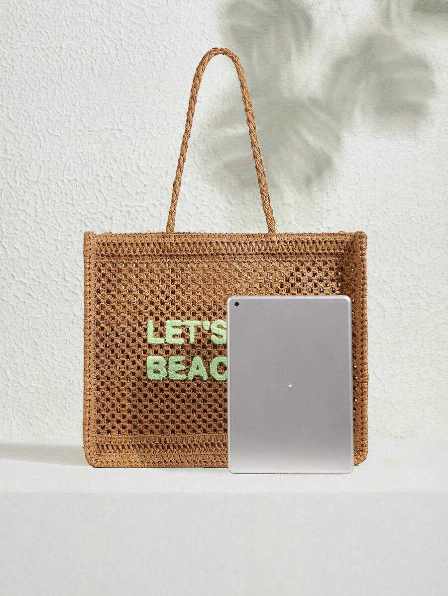 SHECARRY Women's Summer Fashionable Crocheted Tote Bag With Letter Design, Suitable For Vacation, Casual And Daily Shopping, Perfect For Beach Vacation, Travel, And Vacation Essentials,Holiday