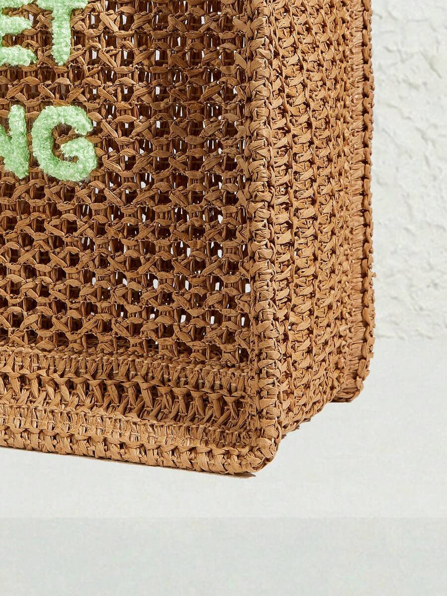 SHECARRY Women's Summer Fashionable Crocheted Tote Bag With Letter Design, Suitable For Vacation, Casual And Daily Shopping, Perfect For Beach Vacation, Travel, And Vacation Essentials,Holiday