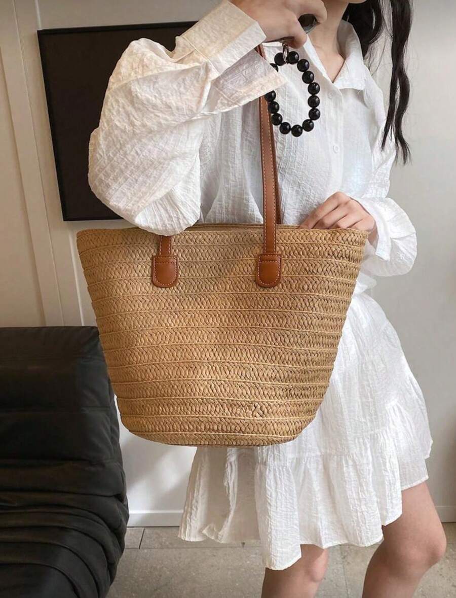 Fashionable Woven Tote Bag For Women,Large Capacity Shoulder Handbag,All-Match Commuter Outing Bucket Bag,Summer Women Bags For Vacation,Holiday, Straw Purse, Straw Beach Bag, Beach Necessities, Beach