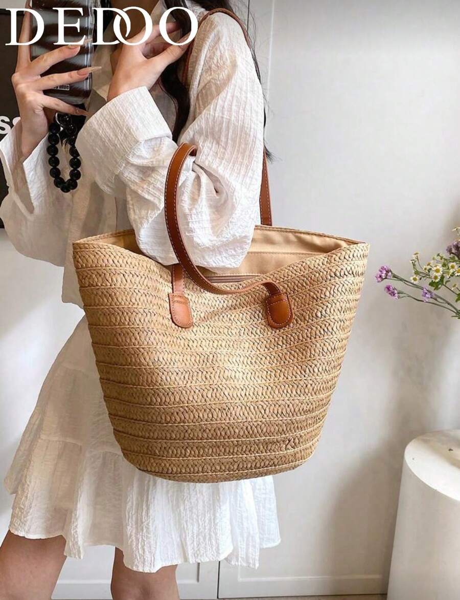 Fashionable Woven Tote Bag For Women,Large Capacity Shoulder Handbag,All-Match Commuter Outing Bucket Bag,Summer Women Bags For Vacation,Holiday, Straw Purse, Straw Beach Bag, Beach Necessities, Beach