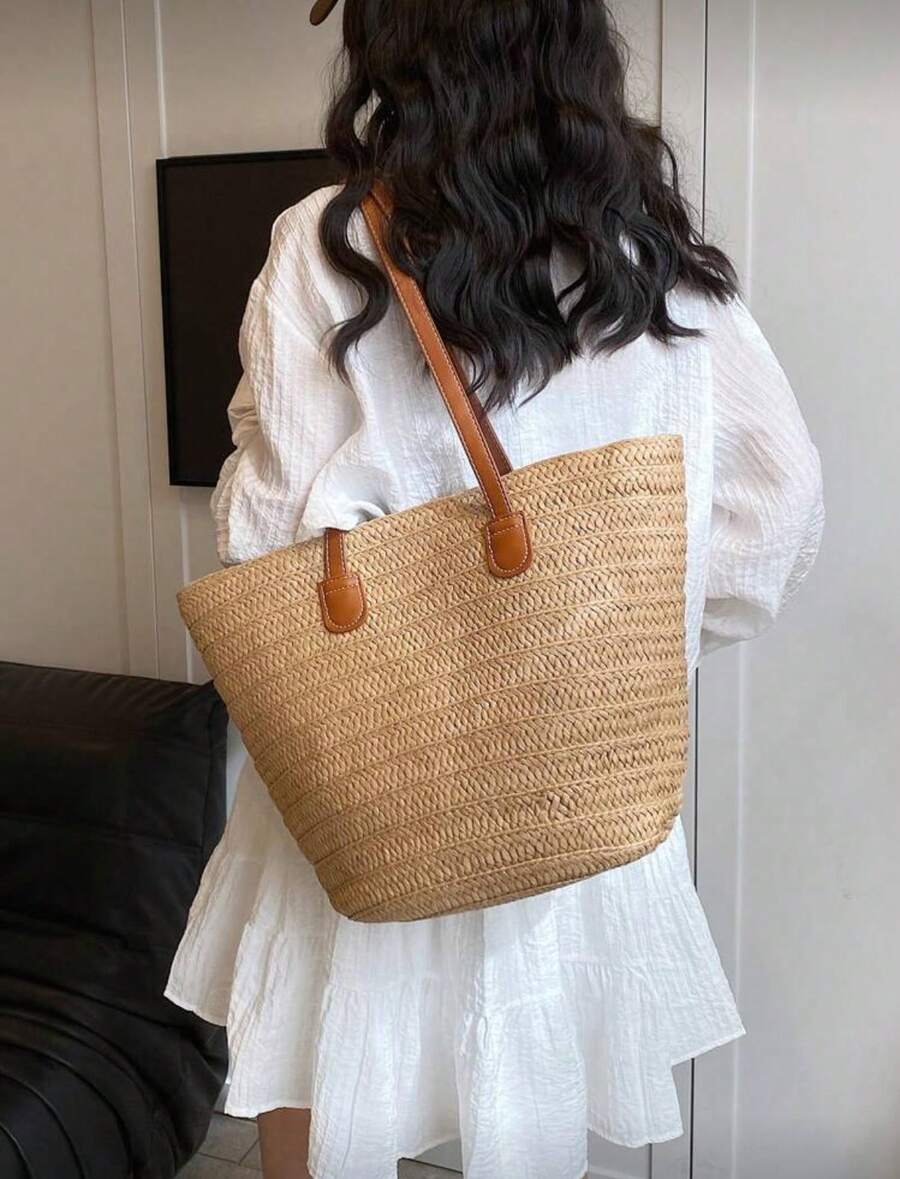 Fashionable Woven Tote Bag For Women,Large Capacity Shoulder Handbag,All-Match Commuter Outing Bucket Bag,Summer Women Bags For Vacation,Holiday, Straw Purse, Straw Beach Bag, Beach Necessities, Beach