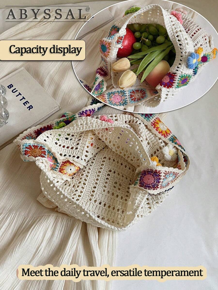 Boho Crochet Beach Bag For Women Large-Capacity Crochet Shoulder Bag Retro Tote Bag Handbag Crossbody Bag For Parties Shopping And Travel Essential