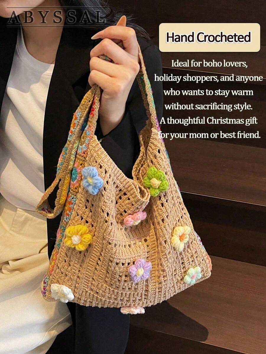 Boho Crochet Beach Bag For Women Large-Capacity Crochet Shoulder Bag Retro Tote Bag Handbag Crossbody Bag For Parties Shopping And Travel Essential