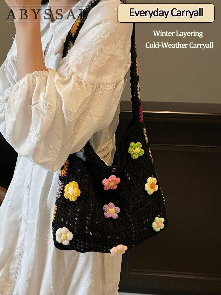 Boho Crochet Beach Bag For Women Large-Capacity Crochet Shoulder Bag Retro Tote Bag Handbag Crossbody Bag For Parties Shopping And Travel Essential