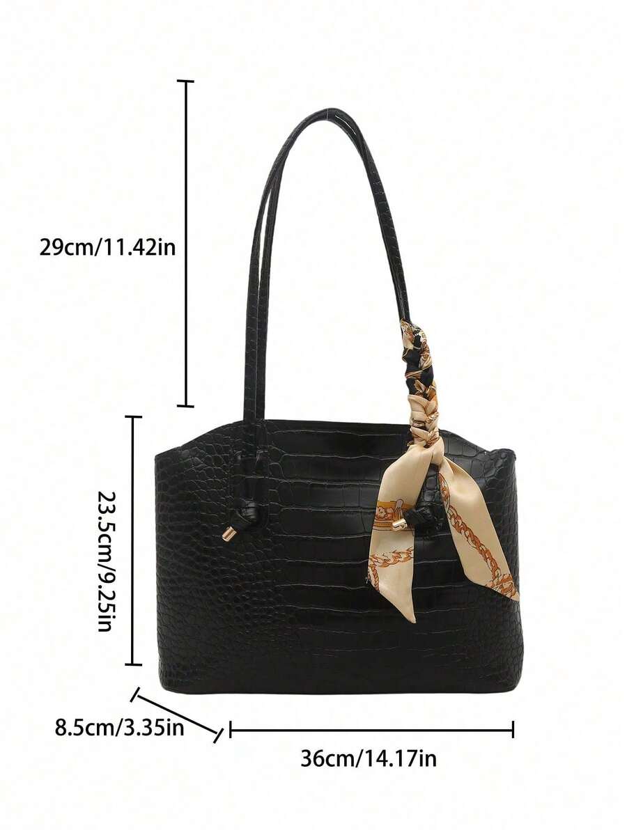 Fashionable Retro Crocodile Grain Scarf Decor Shoulder Tote Bag, Suitable For Women's Work Commute, Travel, Shopping