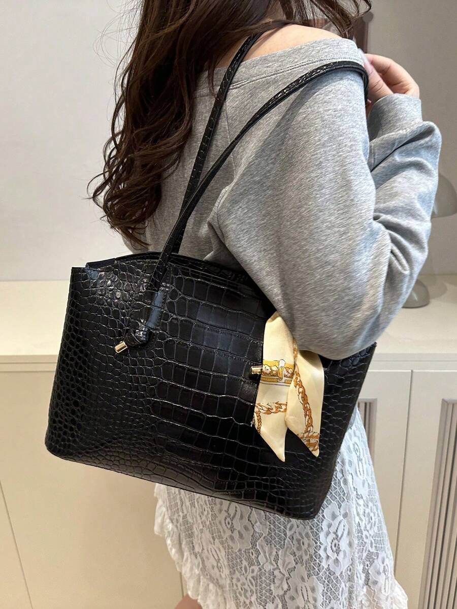 Fashionable Retro Crocodile Grain Scarf Decor Shoulder Tote Bag, Suitable For Women's Work Commute, Travel, Shopping