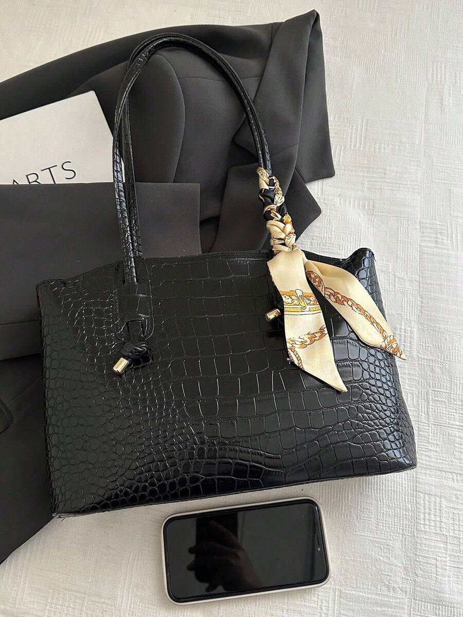 Fashionable Retro Crocodile Grain Scarf Decor Shoulder Tote Bag, Suitable For Women's Work Commute, Travel, Shopping