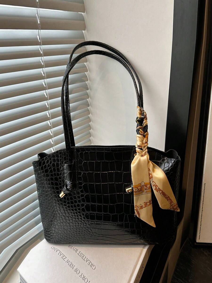 Fashionable Retro Crocodile Grain Scarf Decor Shoulder Tote Bag, Suitable For Women's Work Commute, Travel, Shopping