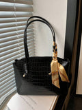 Fashionable Retro Crocodile Grain Scarf Decor Shoulder Tote Bag, Suitable For Women's Work Commute, Travel, Shopping