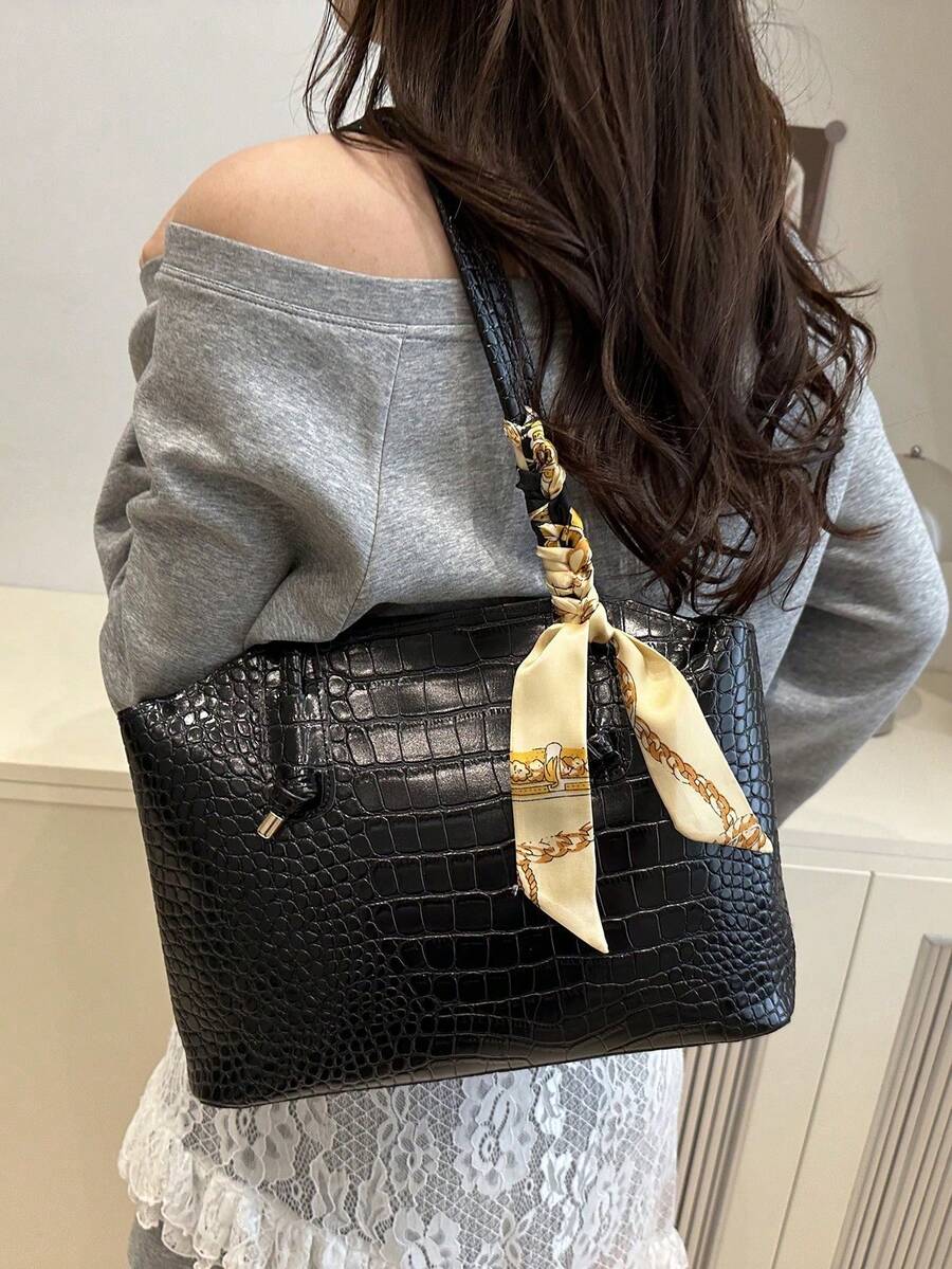 Fashionable Retro Crocodile Grain Scarf Decor Shoulder Tote Bag, Suitable For Women's Work Commute, Travel, Shopping