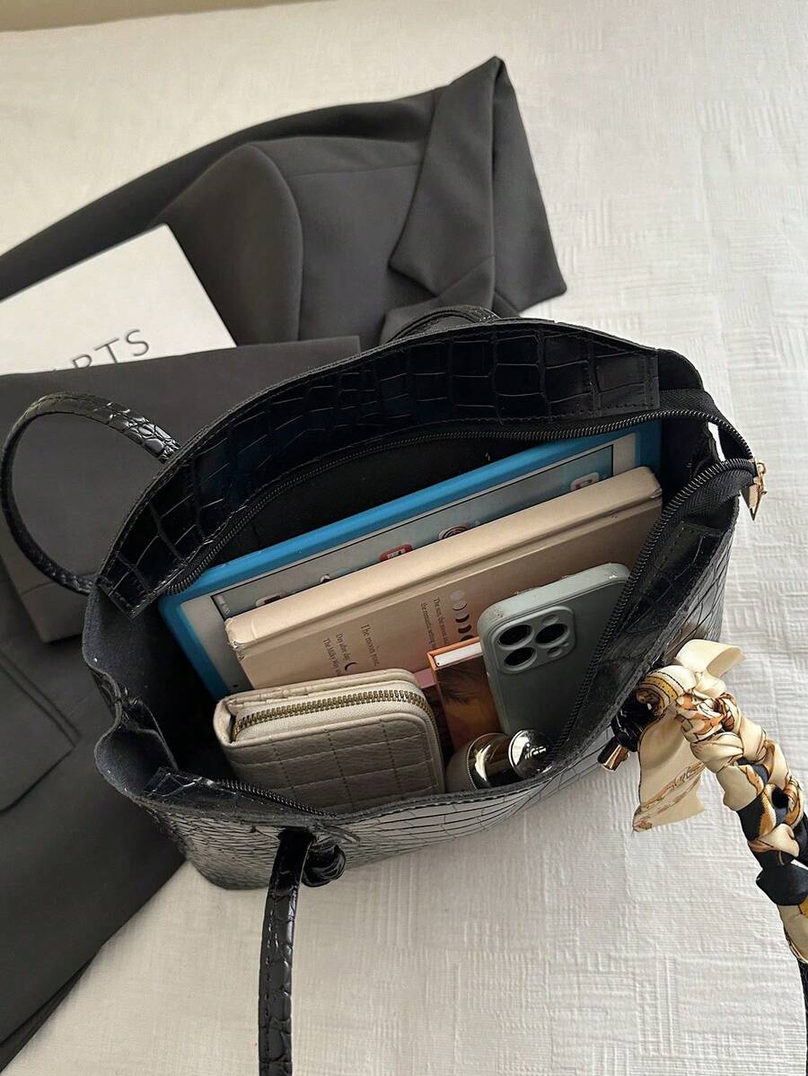 Fashionable Retro Crocodile Grain Scarf Decor Shoulder Tote Bag, Suitable For Women's Work Commute, Travel, Shopping