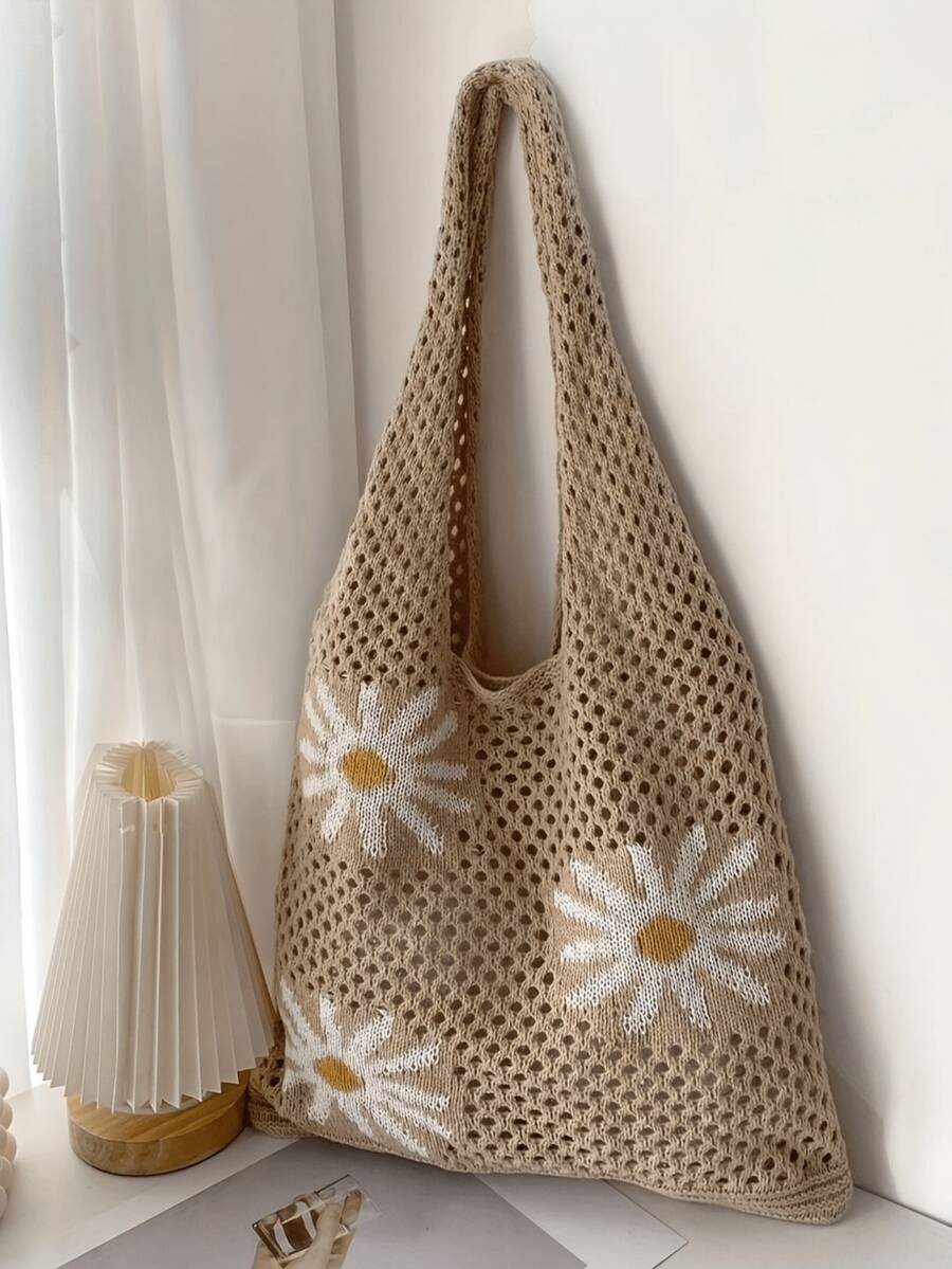 LFIRSTL Minimalist Hollow Design Crochet Knitted Tote Bag, Large Capacity Portable Vacation Bag, Suitable For Working Women, Students, High School, College