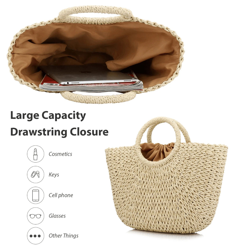 Milky Way Straw Bags For Women Handwoven Large Straw Tote Round Handle Summer Beach Rattan Bag Boho Chic Oversized Friendly Lightweight Holiday Gift Beachwear
