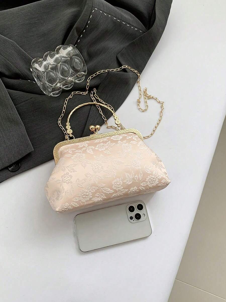 Fashionable Clip-Top Handbag, Elegant Tote Bag For Party And Shopping, Pattern Placement Random,Pink Bag