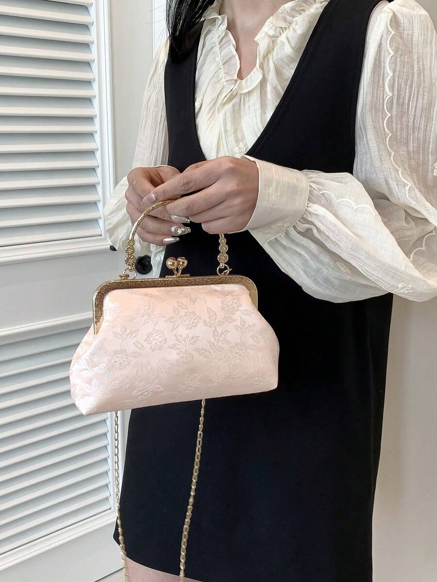Fashionable Clip-Top Handbag, Elegant Tote Bag For Party And Shopping, Pattern Placement Random,Pink Bag