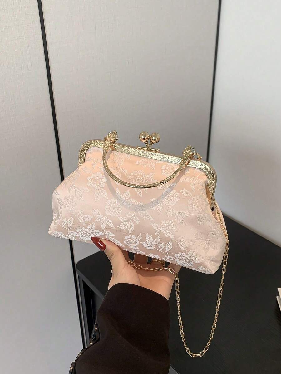 Fashionable Clip-Top Handbag, Elegant Tote Bag For Party And Shopping, Pattern Placement Random,Pink Bag