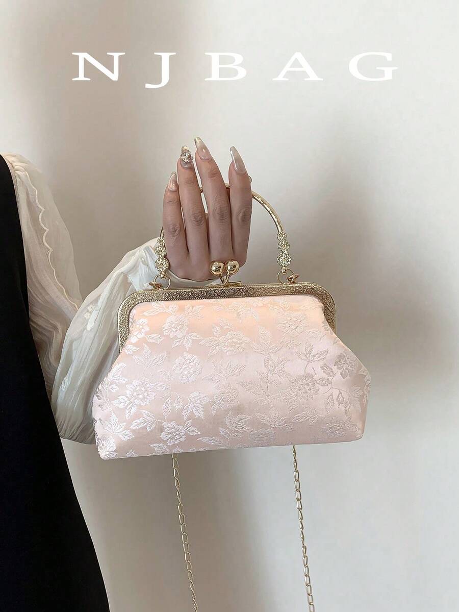 Fashionable Clip-Top Handbag, Elegant Tote Bag For Party And Shopping, Pattern Placement Random,Pink Bag