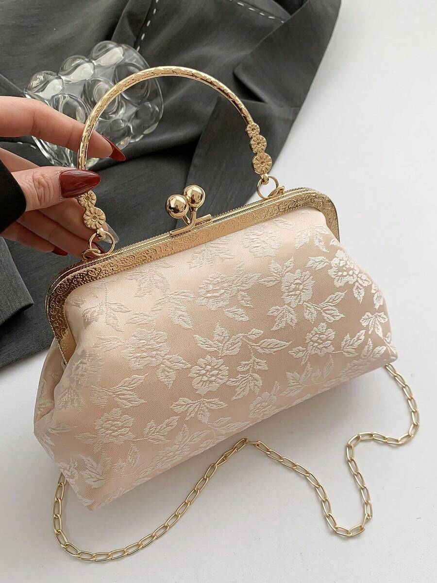 Fashionable Clip-Top Handbag, Elegant Tote Bag For Party And Shopping, Pattern Placement Random,Pink Bag