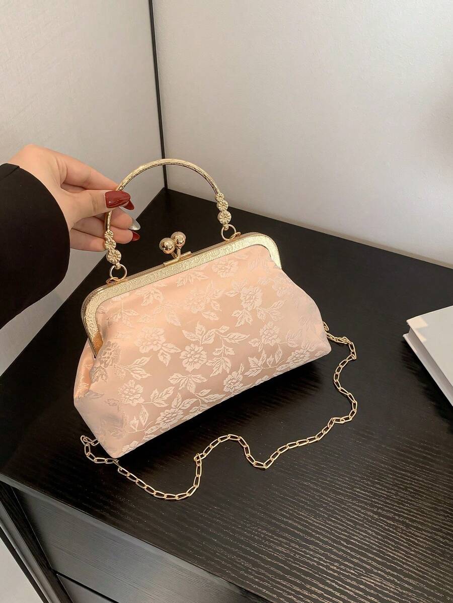 Fashionable Clip-Top Handbag, Elegant Tote Bag For Party And Shopping, Pattern Placement Random,Pink Bag