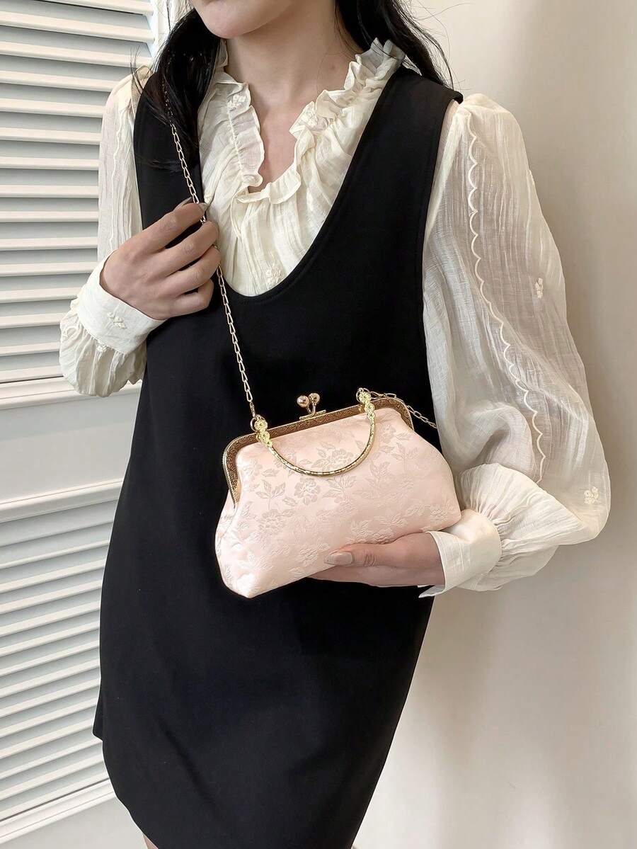 Fashionable Clip-Top Handbag, Elegant Tote Bag For Party And Shopping, Pattern Placement Random,Pink Bag