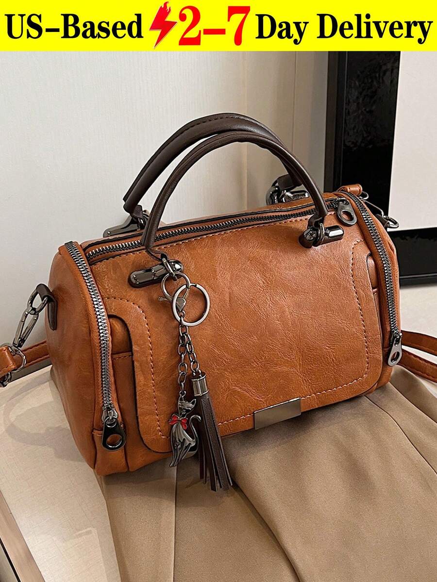 Premium Vintage Brown Distressed Leather Boston Bag| Genuine Cowhide Tote Bag With Top Handles & Adjustable Shoulder Strap| Retro Boho Cylinder Duffel Purse With Tassel Charm| Timeless Leather Satc