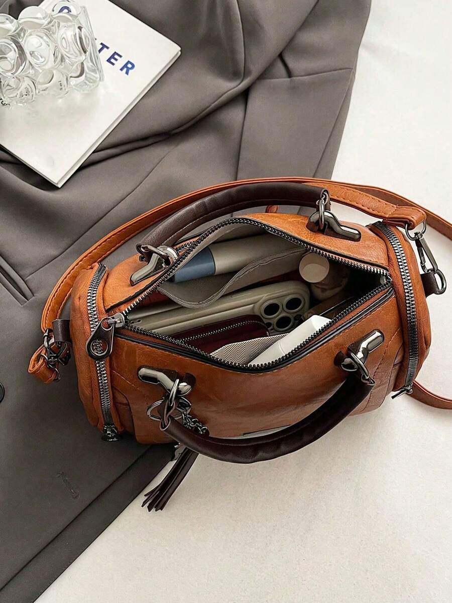 Premium Vintage Brown Distressed Leather Boston Bag| Genuine Cowhide Tote Bag With Top Handles & Adjustable Shoulder Strap| Retro Boho Cylinder Duffel Purse With Tassel Charm| Timeless Leather Satc