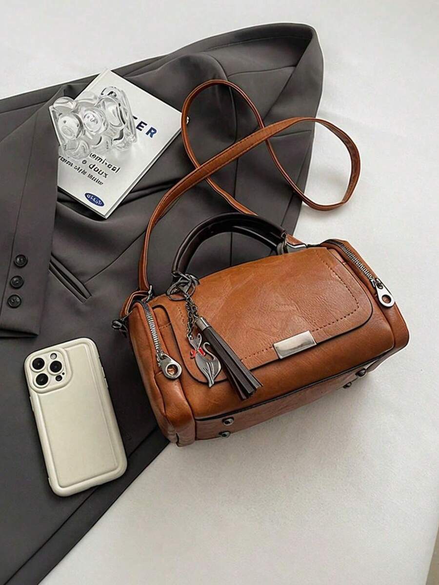 Premium Vintage Brown Distressed Leather Boston Bag| Genuine Cowhide Tote Bag With Top Handles & Adjustable Shoulder Strap| Retro Boho Cylinder Duffel Purse With Tassel Charm| Timeless Leather Satc