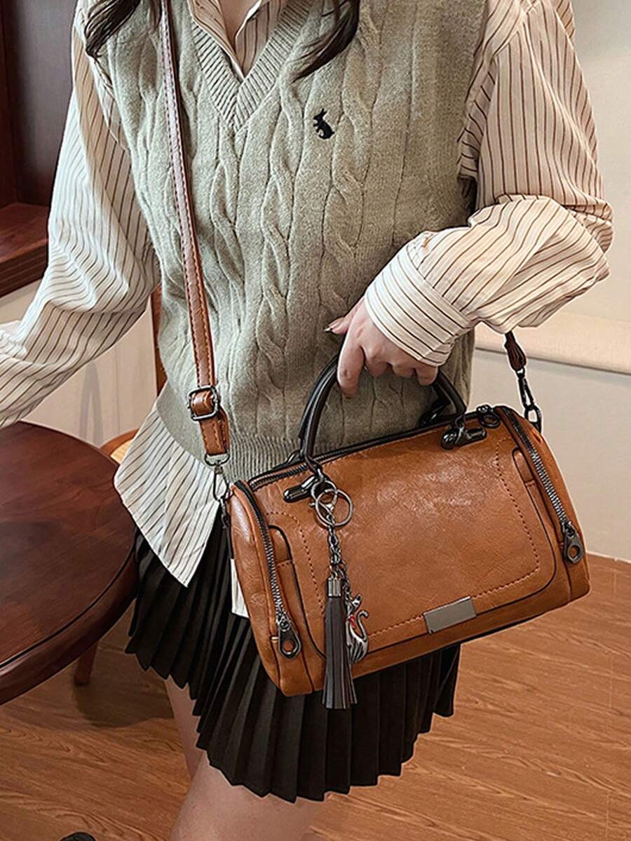 Premium Vintage Brown Distressed Leather Boston Bag| Genuine Cowhide Tote Bag With Top Handles & Adjustable Shoulder Strap| Retro Boho Cylinder Duffel Purse With Tassel Charm| Timeless Leather Satc