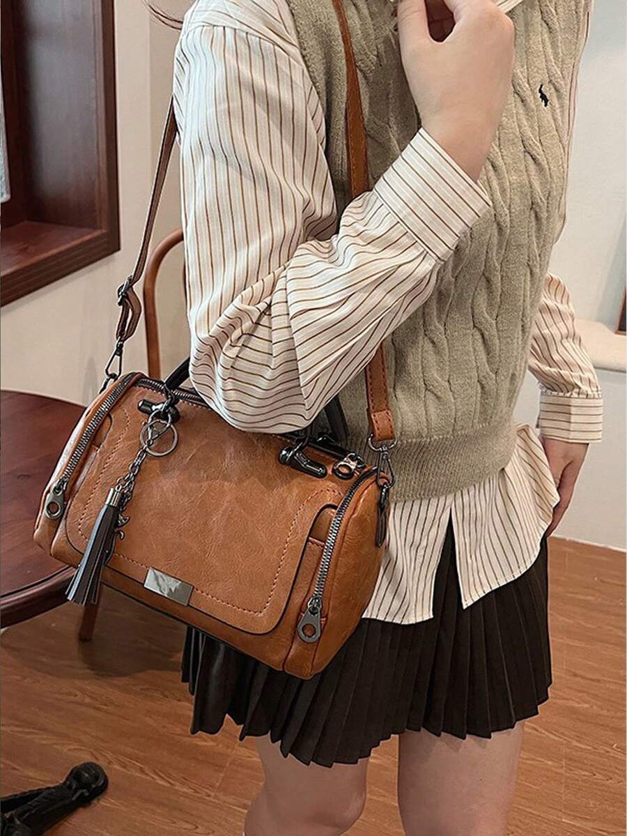 Premium Vintage Brown Distressed Leather Boston Bag| Genuine Cowhide Tote Bag With Top Handles & Adjustable Shoulder Strap| Retro Boho Cylinder Duffel Purse With Tassel Charm| Timeless Leather Satc