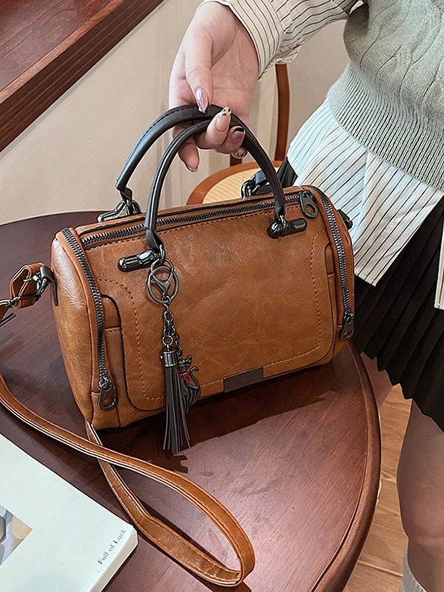 Premium Vintage Brown Distressed Leather Boston Bag| Genuine Cowhide Tote Bag With Top Handles & Adjustable Shoulder Strap| Retro Boho Cylinder Duffel Purse With Tassel Charm| Timeless Leather Satc