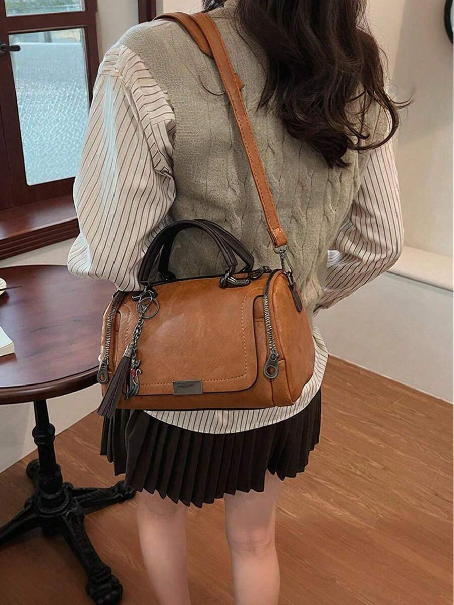 Premium Vintage Brown Distressed Leather Boston Bag| Genuine Cowhide Tote Bag With Top Handles & Adjustable Shoulder Strap| Retro Boho Cylinder Duffel Purse With Tassel Charm| Timeless Leather Satc
