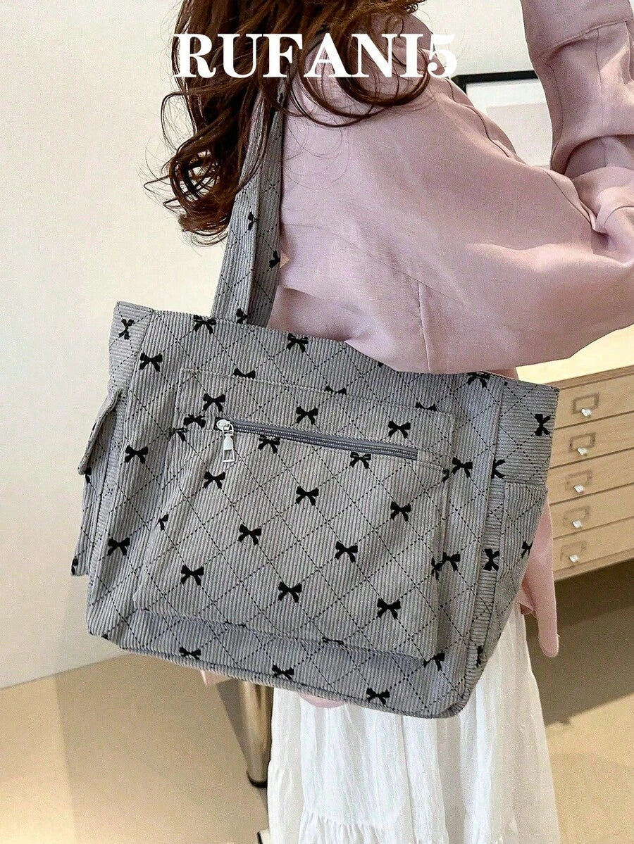 Fashion Contrast Color Bow Print Shoulder Bag, Minimalist And Lightweight, Multi-Pocket Design, Can Be Used As A Shoulder Handbag, School Bookbag, Suitable For Book Week Activities, Also A Perfect Val