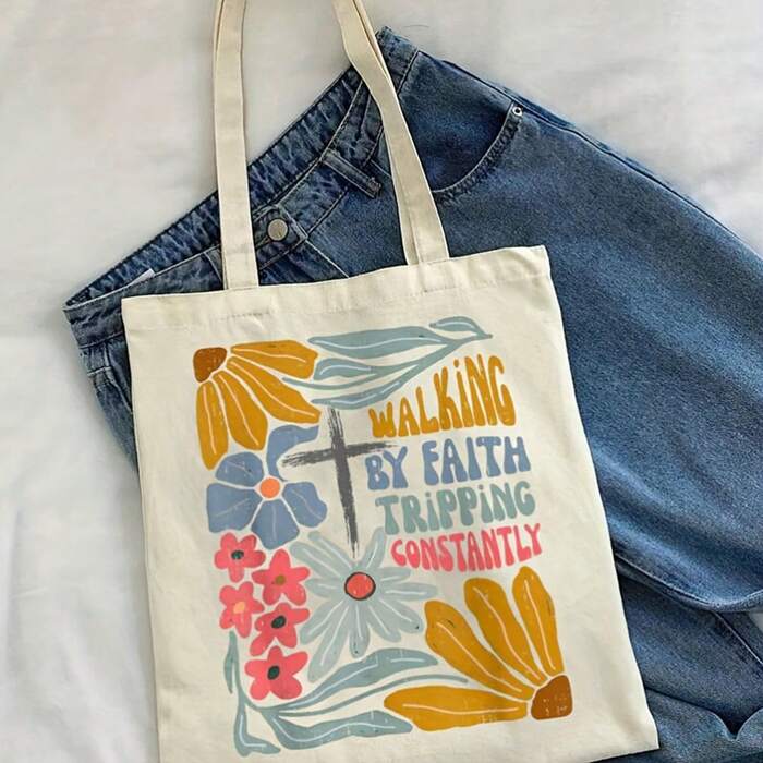 Women's Retro Boho Christian Tote Bag- Walking By Faith Tripping Constantly Insp