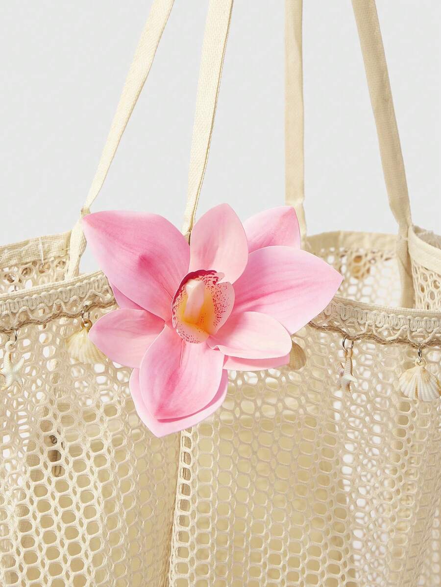ROMWE Fairycore 1 Hand-Woven Tote Bag With Artificial Orchid Lily Decoration Large-Capacity Shoulder Backpack, Suitable For Summer Vacation And Beach Use, Random Shape And Size (Accessories Need To Be