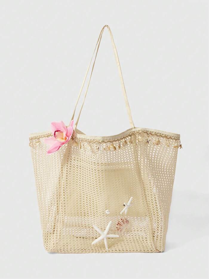 ROMWE Fairycore 1 Hand-Woven Tote Bag With Artificial Orchid Lily Decoration Lar