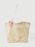 ROMWE Fairycore 1 Hand-Woven Tote Bag With Artificial Orchid Lily Decoration Lar