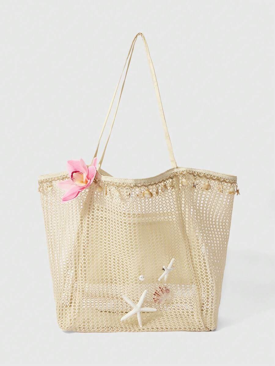 ROMWE Fairycore 1 Hand-Woven Tote Bag With Artificial Orchid Lily Decoration Large-Capacity Shoulder Backpack, Suitable For Summer Vacation And Beach Use, Random Shape And Size (Accessories Need To Be