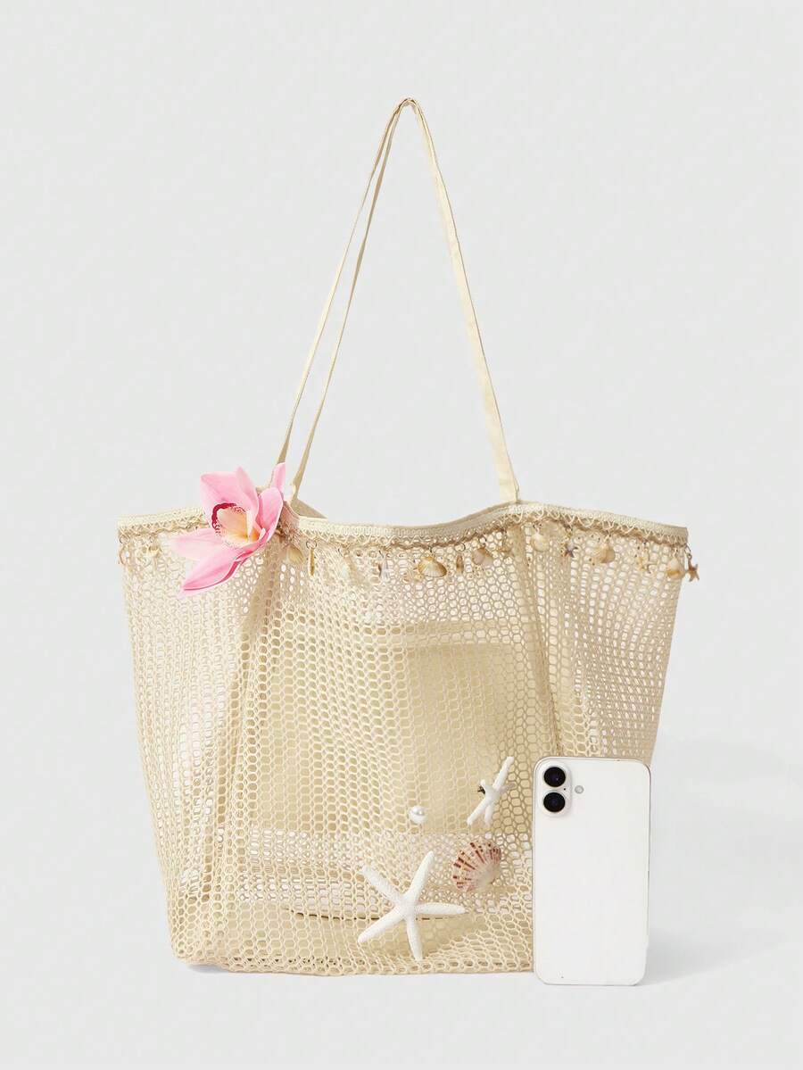ROMWE Fairycore 1 Hand-Woven Tote Bag With Artificial Orchid Lily Decoration Large-Capacity Shoulder Backpack, Suitable For Summer Vacation And Beach Use, Random Shape And Size (Accessories Need To Be