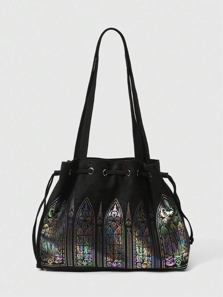 ROMWE Fairycore Gothic Color Window Tote Bag Niche Dark Large Capacity Commuter Bag Laser Magic Flower Window Shoulder Bag