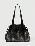 ROMWE Fairycore Gothic Color Window Tote Bag Niche Dark Large Capacity Commuter Bag Laser Magic Flower Window Shoulder Bag