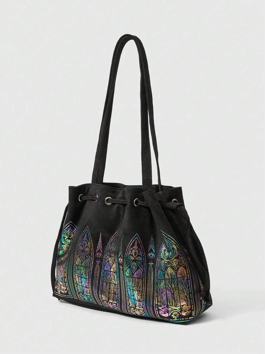 ROMWE Fairycore Gothic Color Window Tote Bag Niche Dark Large Capacity Commuter Bag Laser Magic Flower Window Shoulder Bag