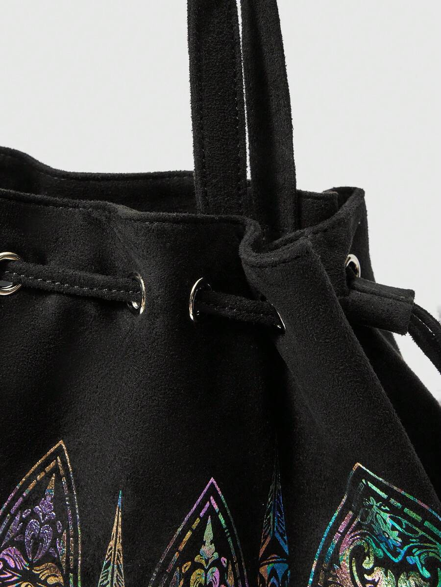 ROMWE Fairycore Gothic Color Window Tote Bag Niche Dark Large Capacity Commuter Bag Laser Magic Flower Window Shoulder Bag