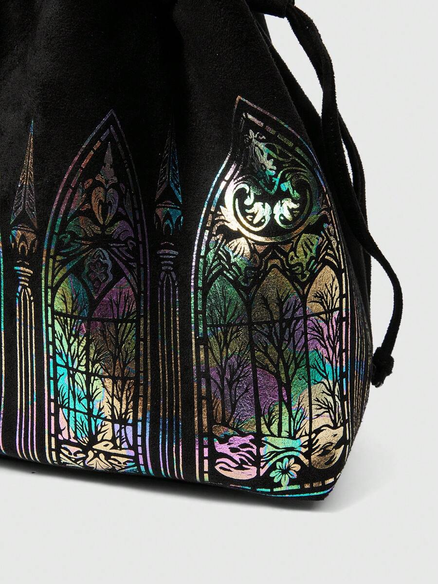 ROMWE Fairycore Gothic Color Window Tote Bag Niche Dark Large Capacity Commuter Bag Laser Magic Flower Window Shoulder Bag
