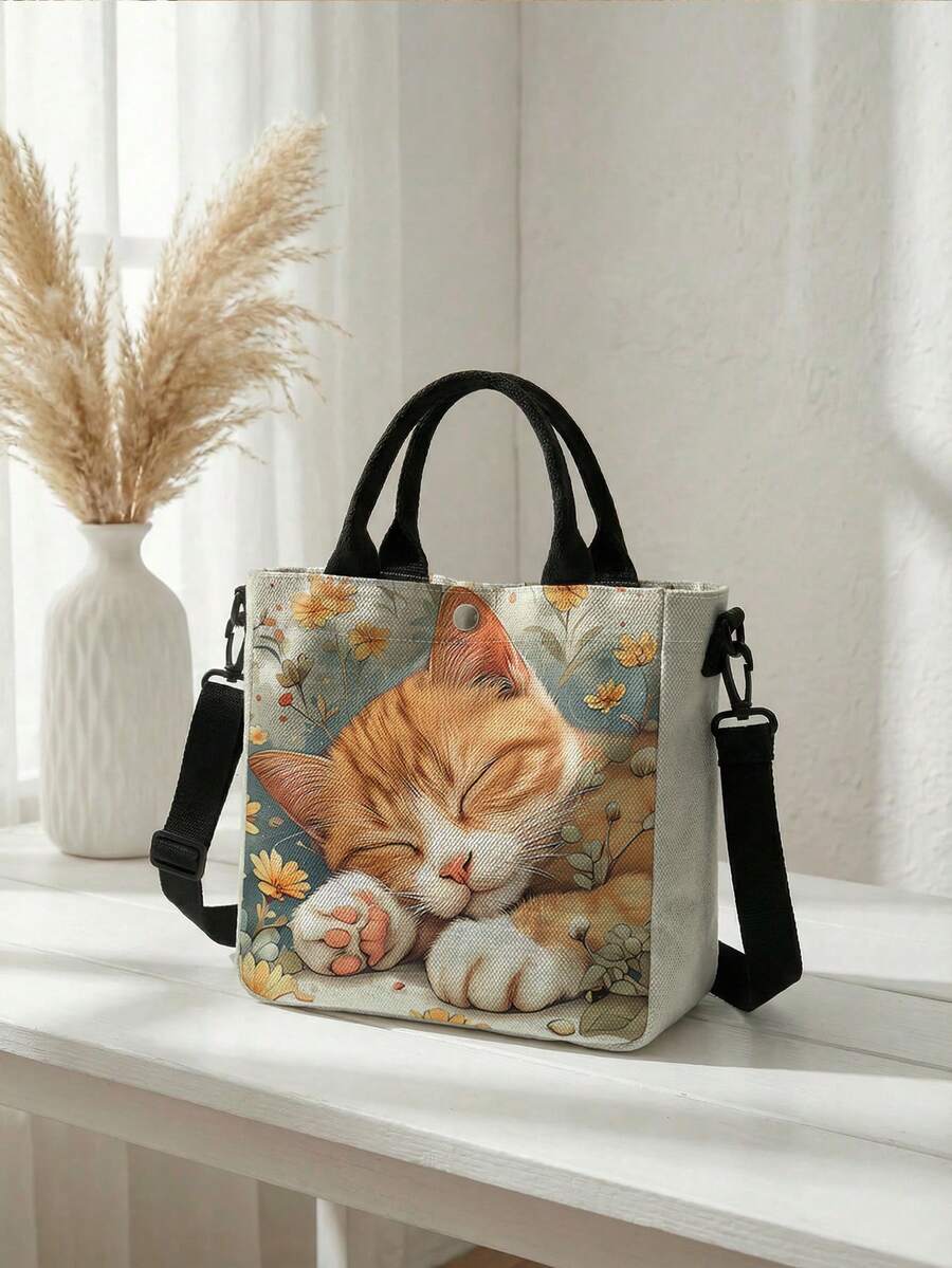 1pc Random Patterns Canvas Tote Set,2-In-1 Bag With Detachable Strap,Main Bag+Mini Pouch,3 Carry Ways,Large Capacity For Student Work Travel Daily Use